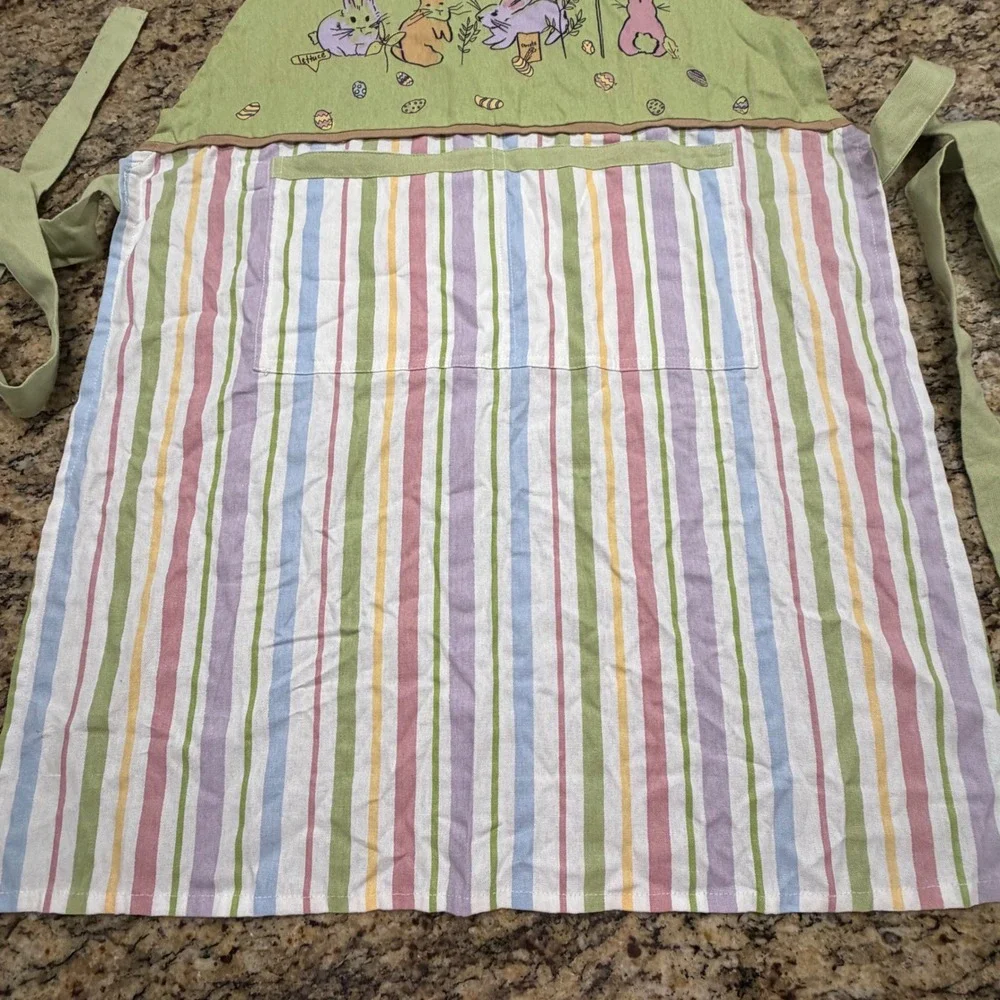 MuKitchen Easter Bunny Garden Apron Green Pastel Stripe Adjustable Pocket Bib